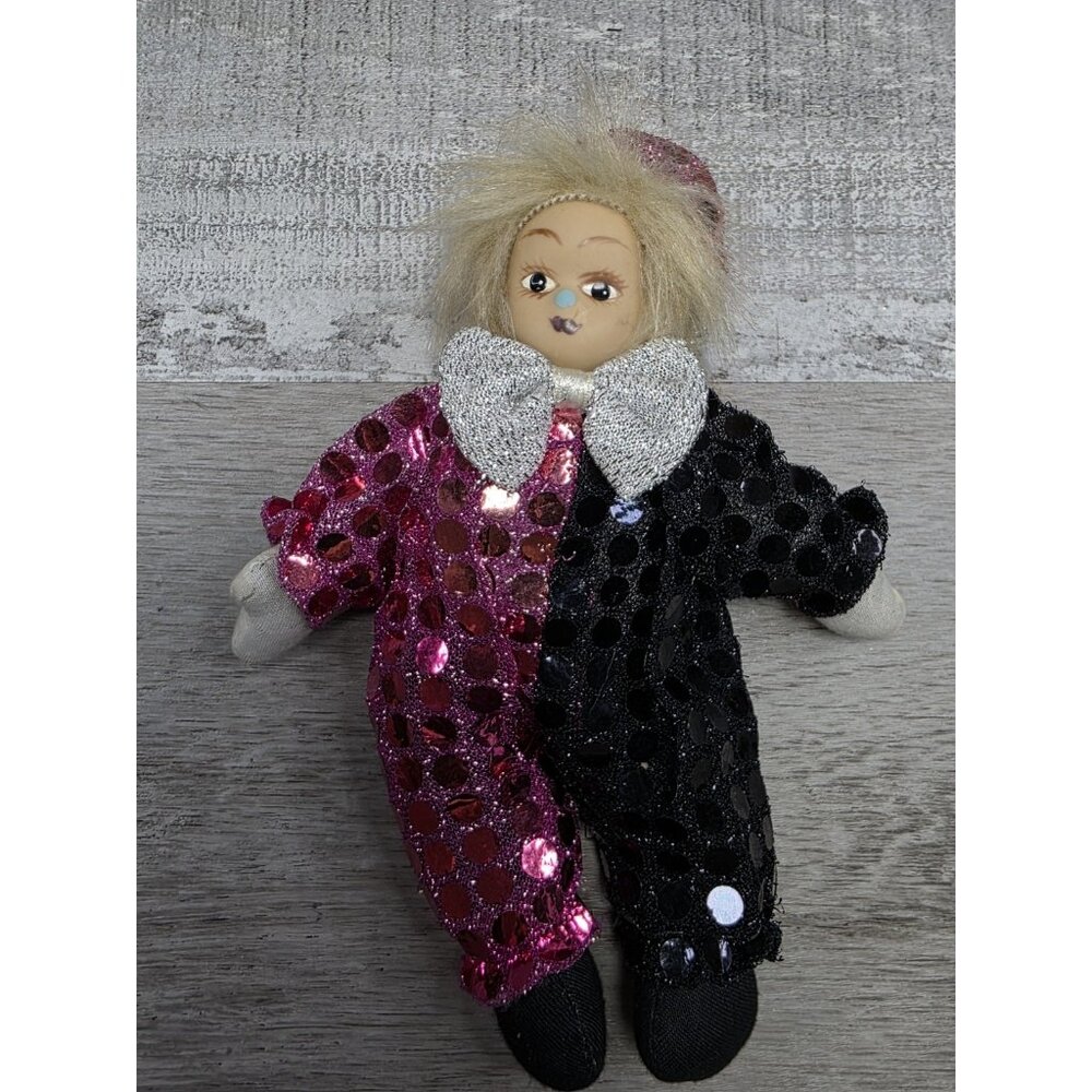 Vtg Forlorn Face Porcelain Clown Doll in Purple Black Outfit Mini Baby 7" G7b